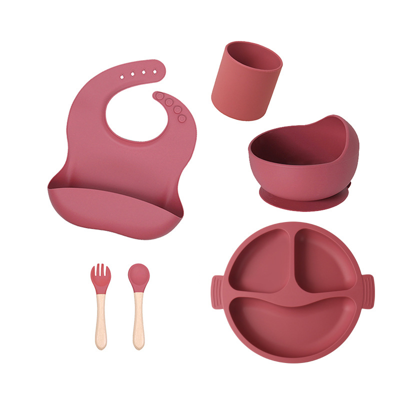 OEM&ODM Silicone Baby Bowl 6 Pcs Set With Spoon &Fork &Bib&Cup